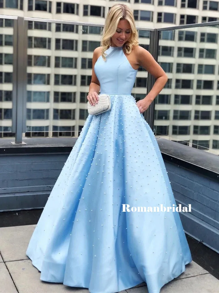 Halter A-line Sleeveless Beading Long Blue Prom Dresses, PD0815