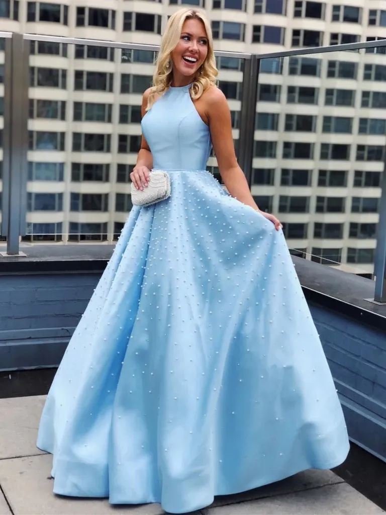 Halter A-line Sleeveless Beading Long Blue Prom Dresses, PD0815