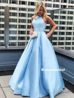 Halter A-line Sleeveless Beading Long Blue Prom Dresses, PD0815