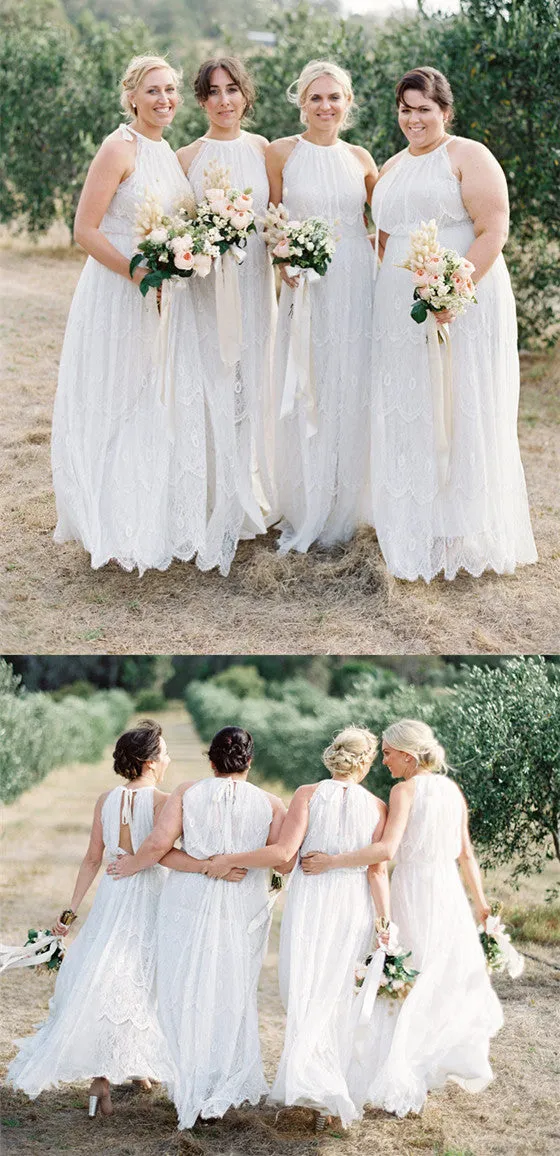 Halter Floor-length Lace Open-back Bridesmaid Dresses, BD0563