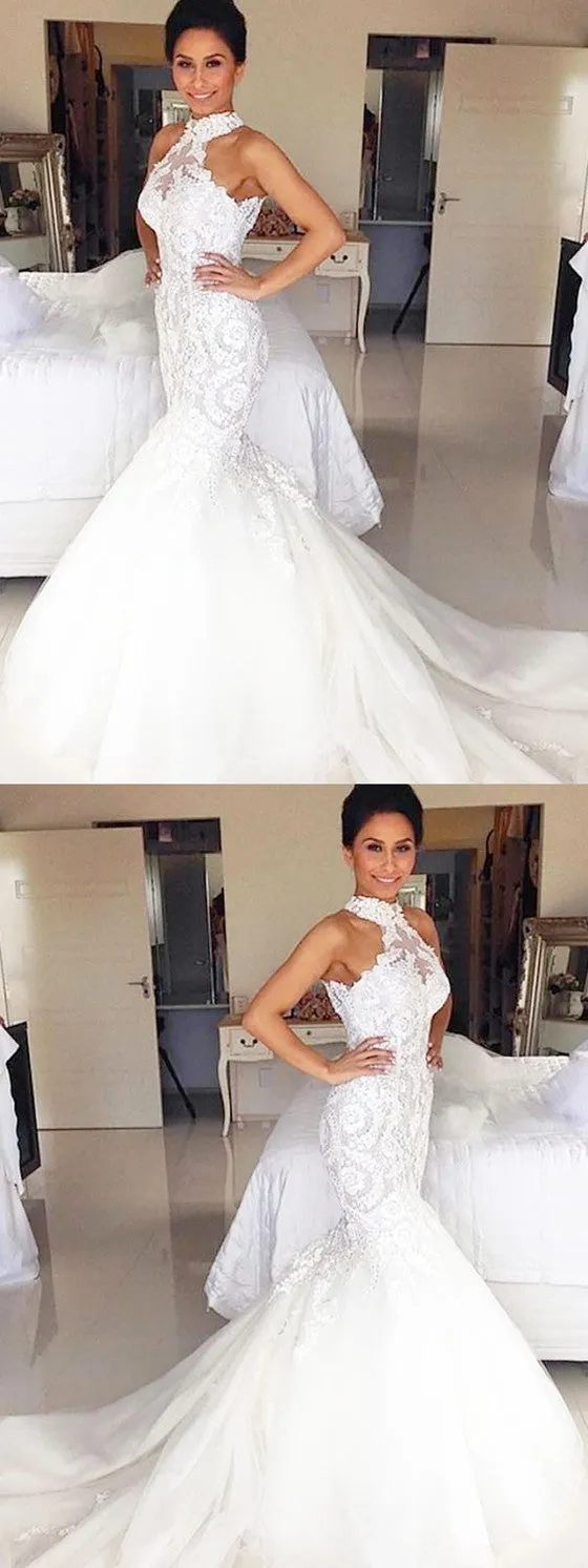 Halter Mermaid Lace Sleeveless Long Wedding Dresses With Train, WD0406