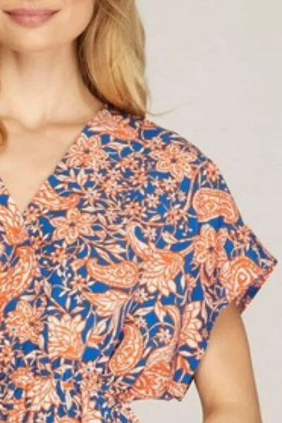 Hazel Blues® | She   Sky Ruffled Hem Printed Surplice Kimono Sleeve Mini Dress