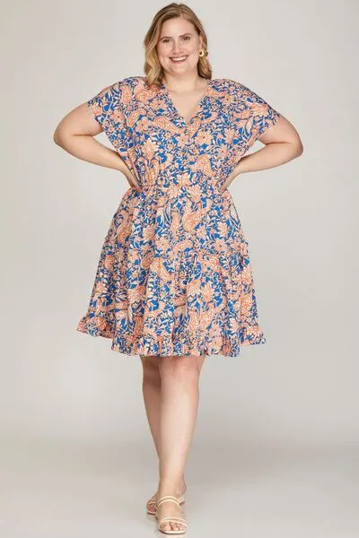 Hazel Blues® | She   Sky Ruffled Hem Printed Surplice Kimono Sleeve Mini Dress