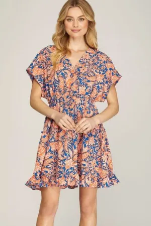 Hazel Blues® | She   Sky Ruffled Hem Printed Surplice Kimono Sleeve Mini Dress