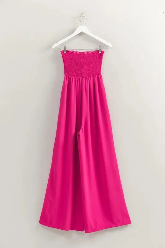 HYFVE Strapless Tie Front Smocked Jumpsuit