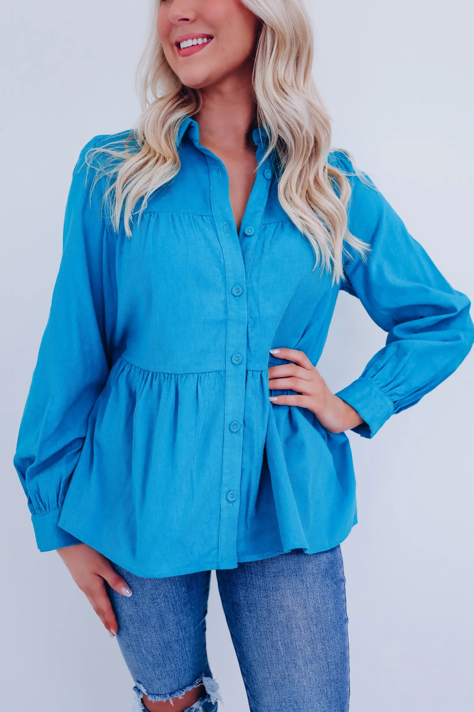 Kendra Micro Corduroy Baby Doll Top - Teal