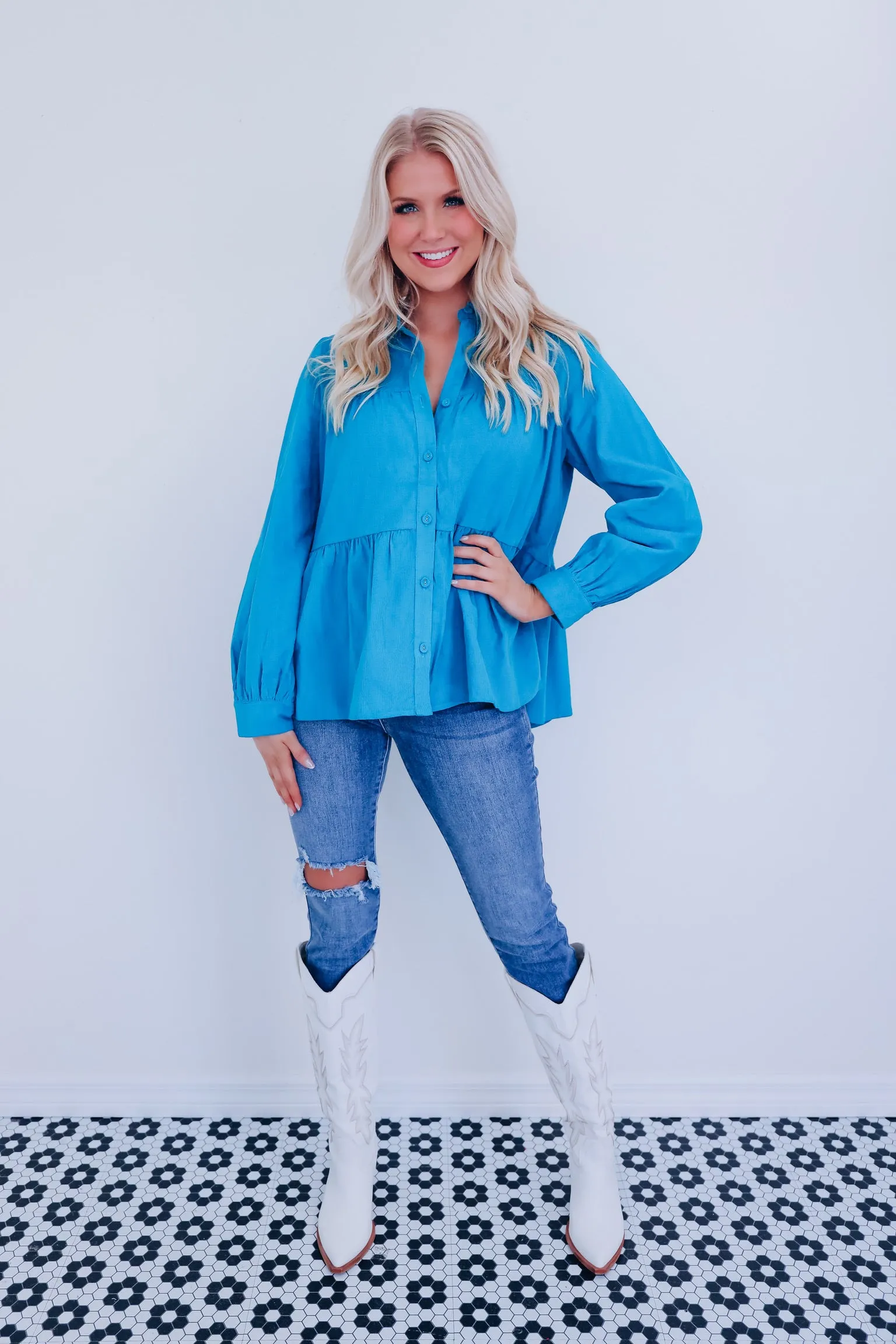 Kendra Micro Corduroy Baby Doll Top - Teal