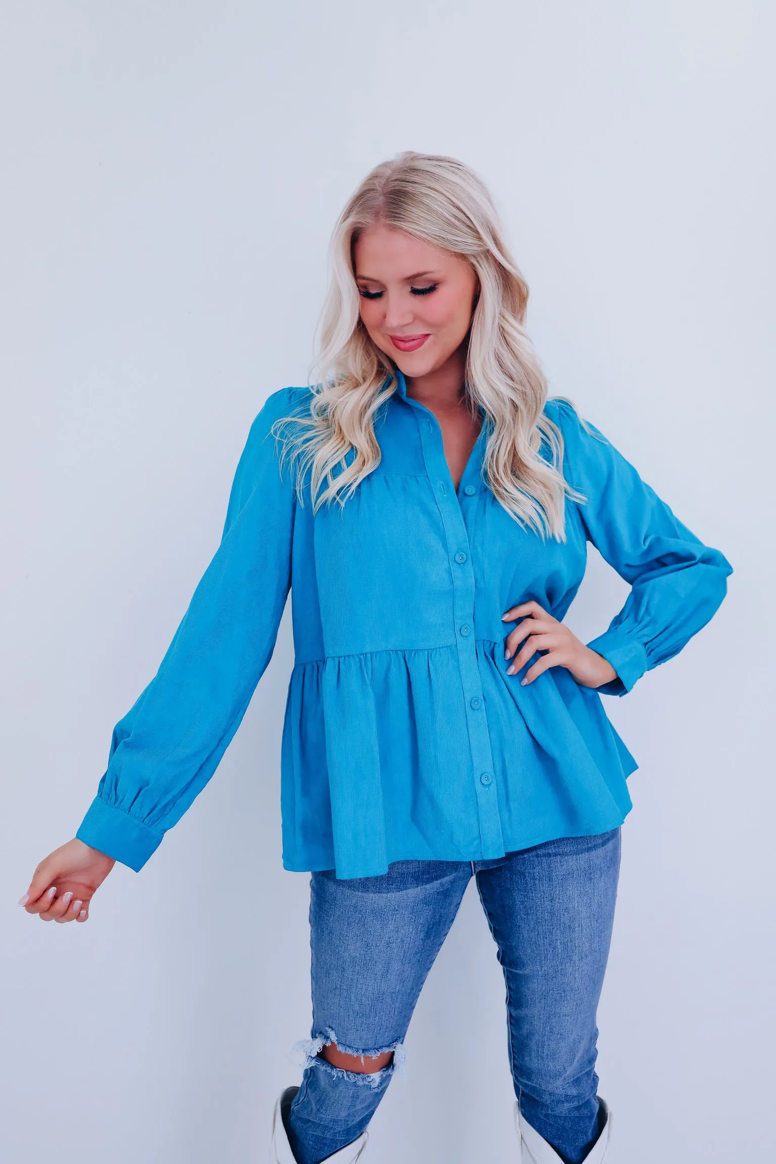 Kendra Micro Corduroy Baby Doll Top - Teal