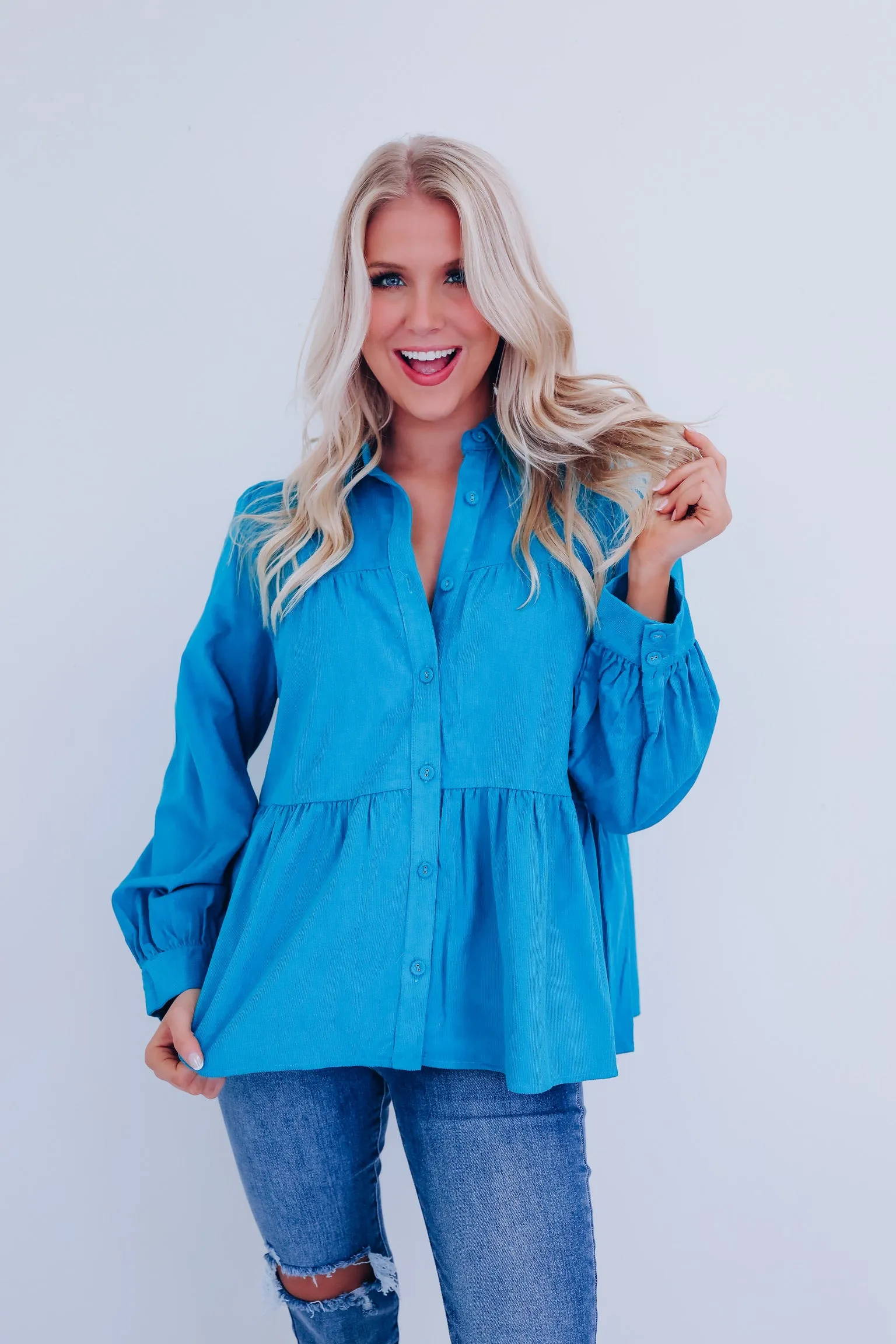 Kendra Micro Corduroy Baby Doll Top - Teal