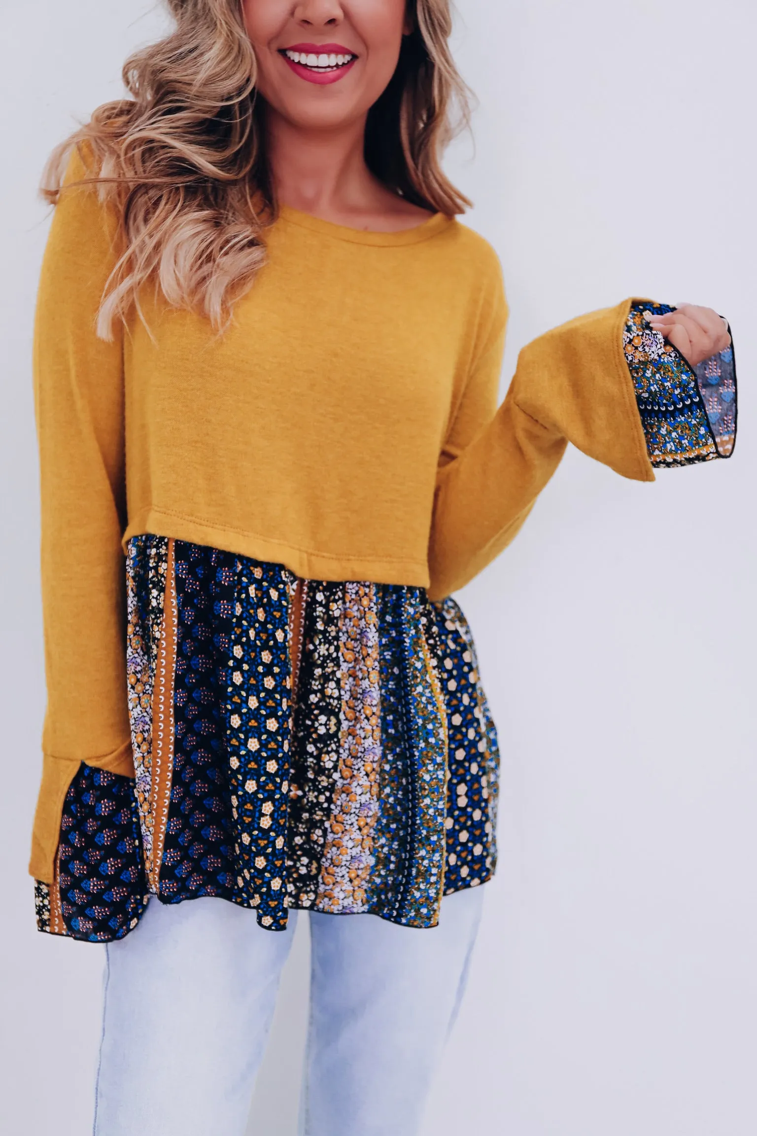 La Femme Fall Peplum Top - Mustard