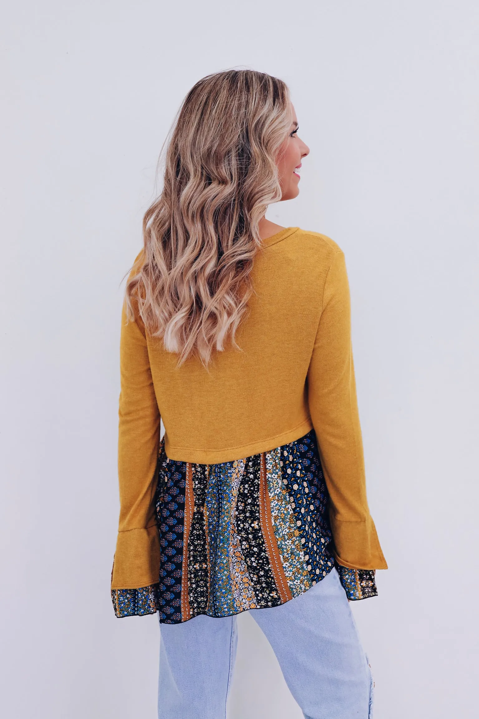 La Femme Fall Peplum Top - Mustard