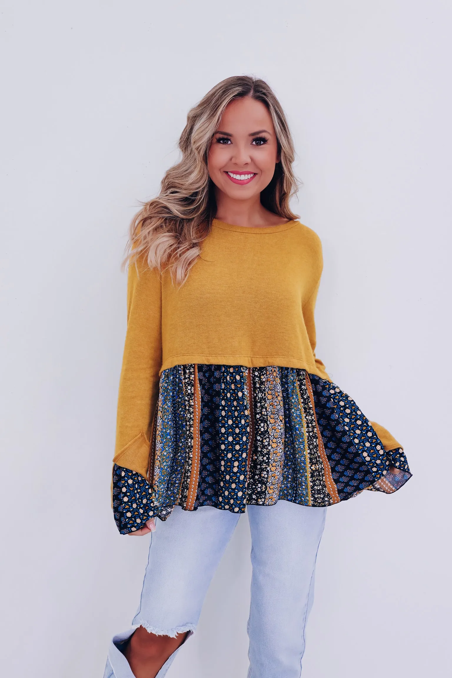 La Femme Fall Peplum Top - Mustard