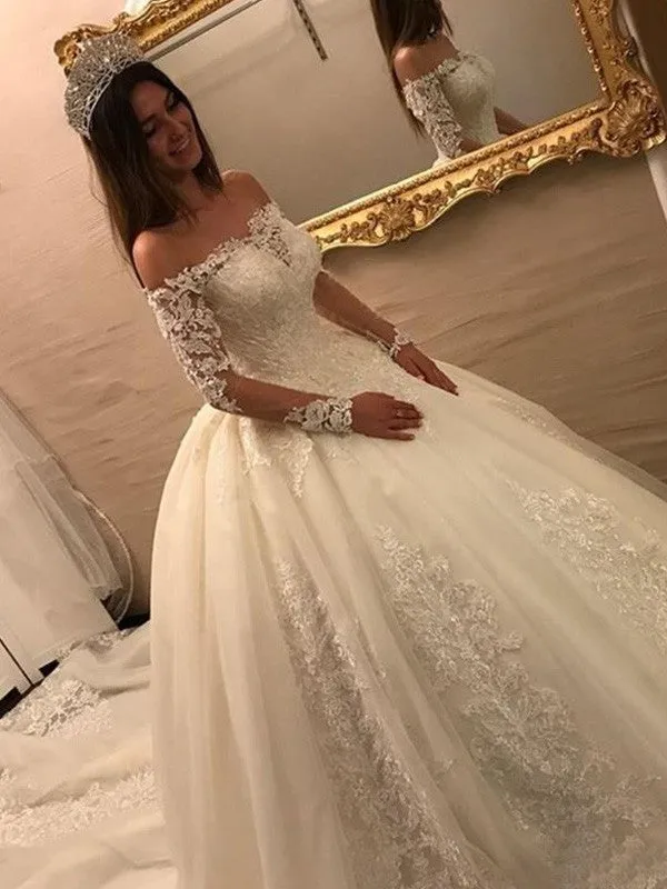 Lace Off-the-Shoulder Long Sleeves Bridal Gowns Wedding Dresses With Train, WD0392