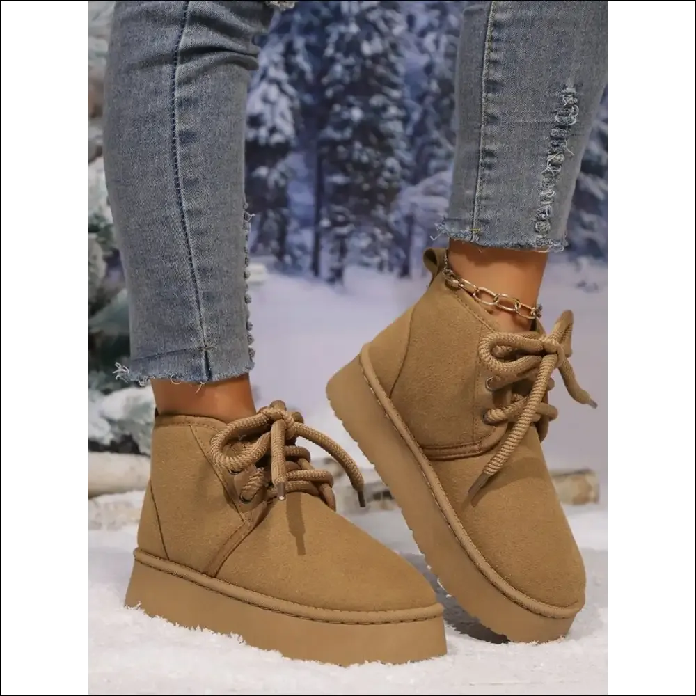 Lace Up Round Neck Suede Platform Boots