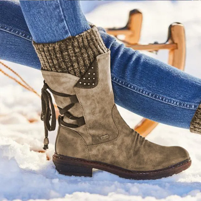 Ladies Trendy Mid-Calf Lace Up Snow Boots