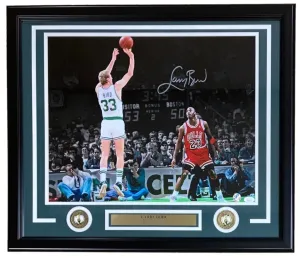 Larry Bird Signed Framed 16x20 Boston Celtics vs Michael Jordan Photo Bird JSA