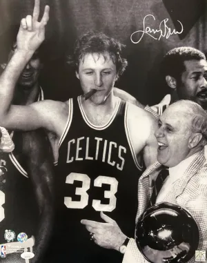 Larry Bird Signed White 16x20 Boston Celtics Photo w/ Red Auerbach Bird JSA ITP