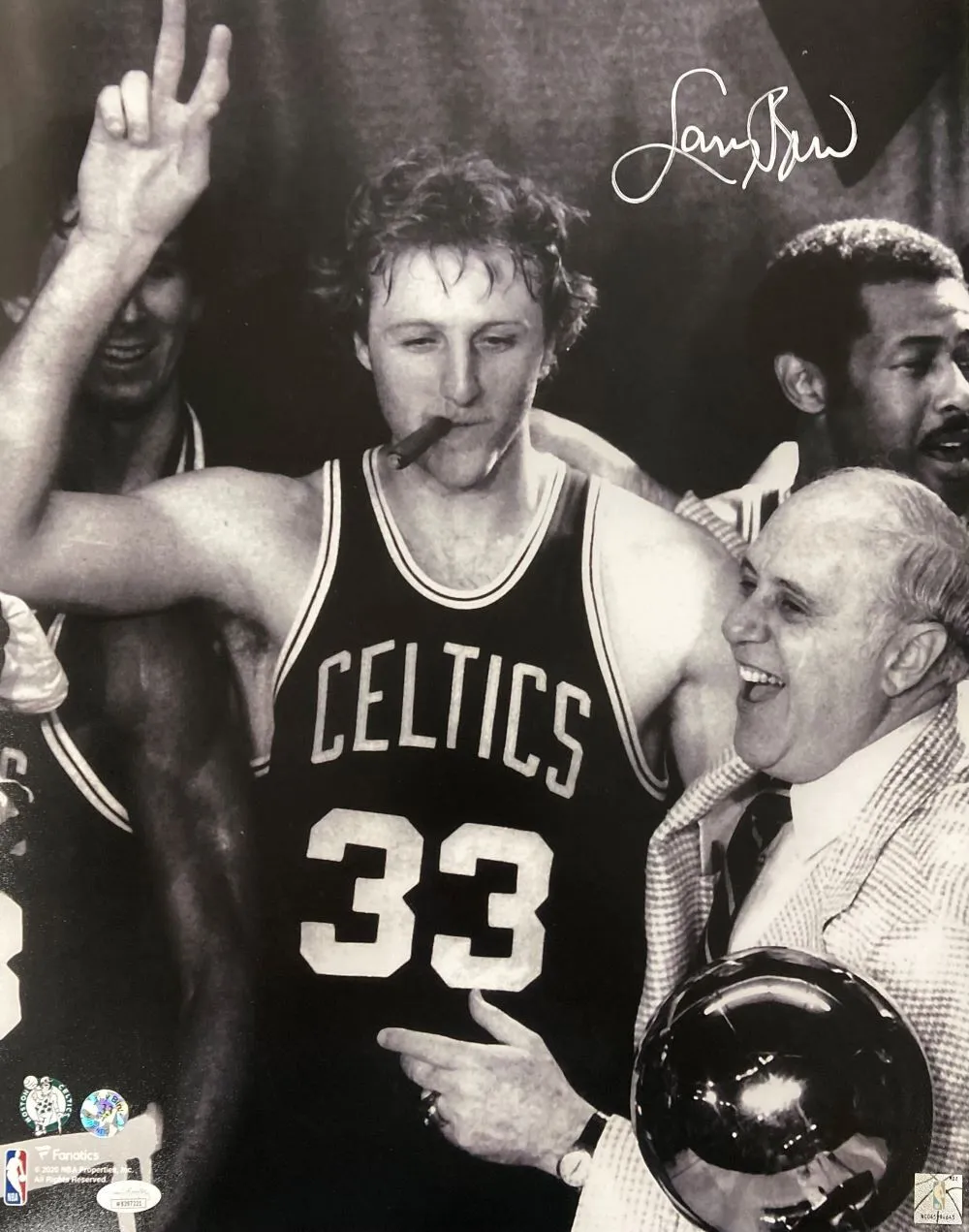 Larry Bird Signed White 16x20 Boston Celtics Photo w/ Red Auerbach Bird JSA ITP