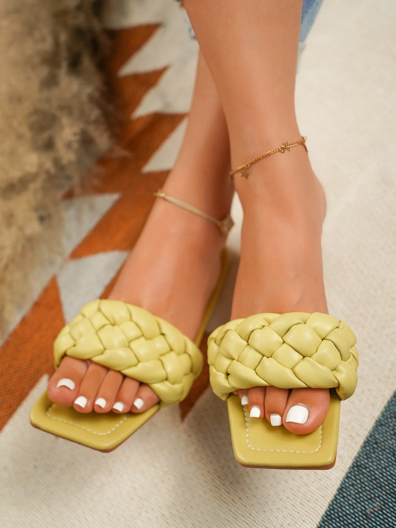 Lemon Matte Weave Flat Sole Slides Sandals