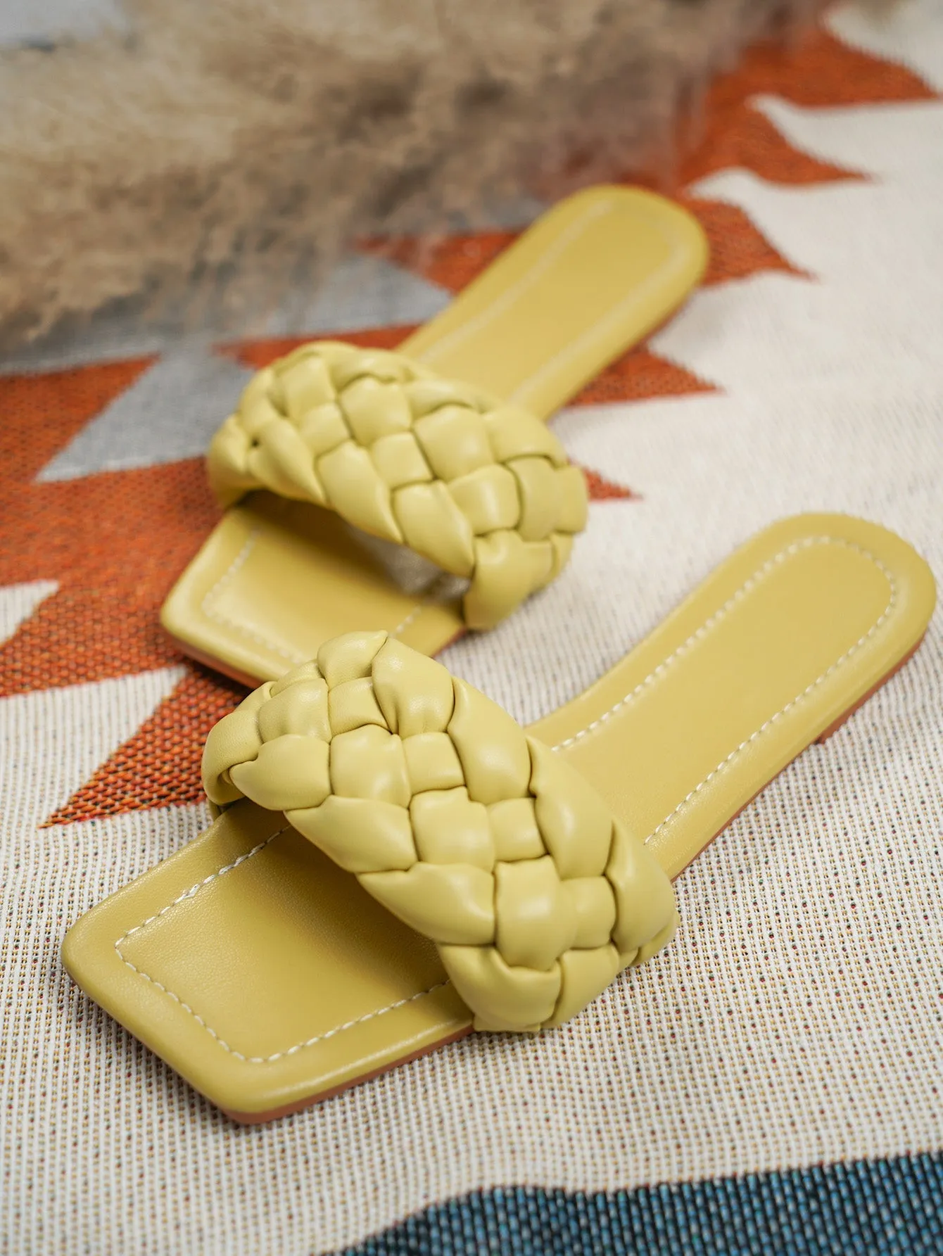 Lemon Matte Weave Flat Sole Slides Sandals