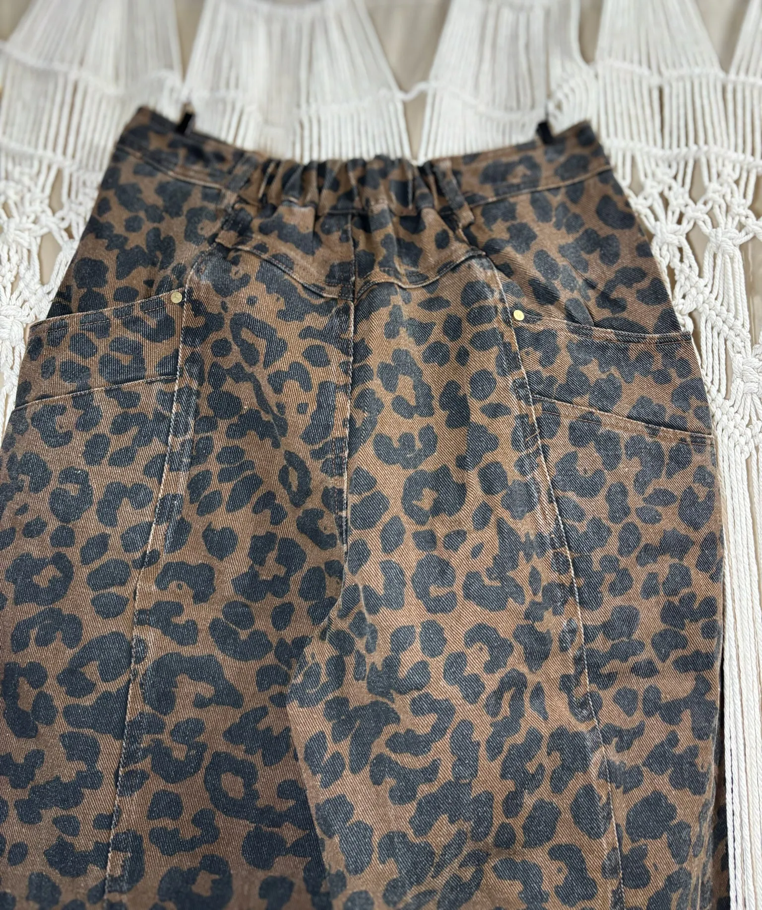 Leopard Mid Rise Wide Leg Barrel Jeans