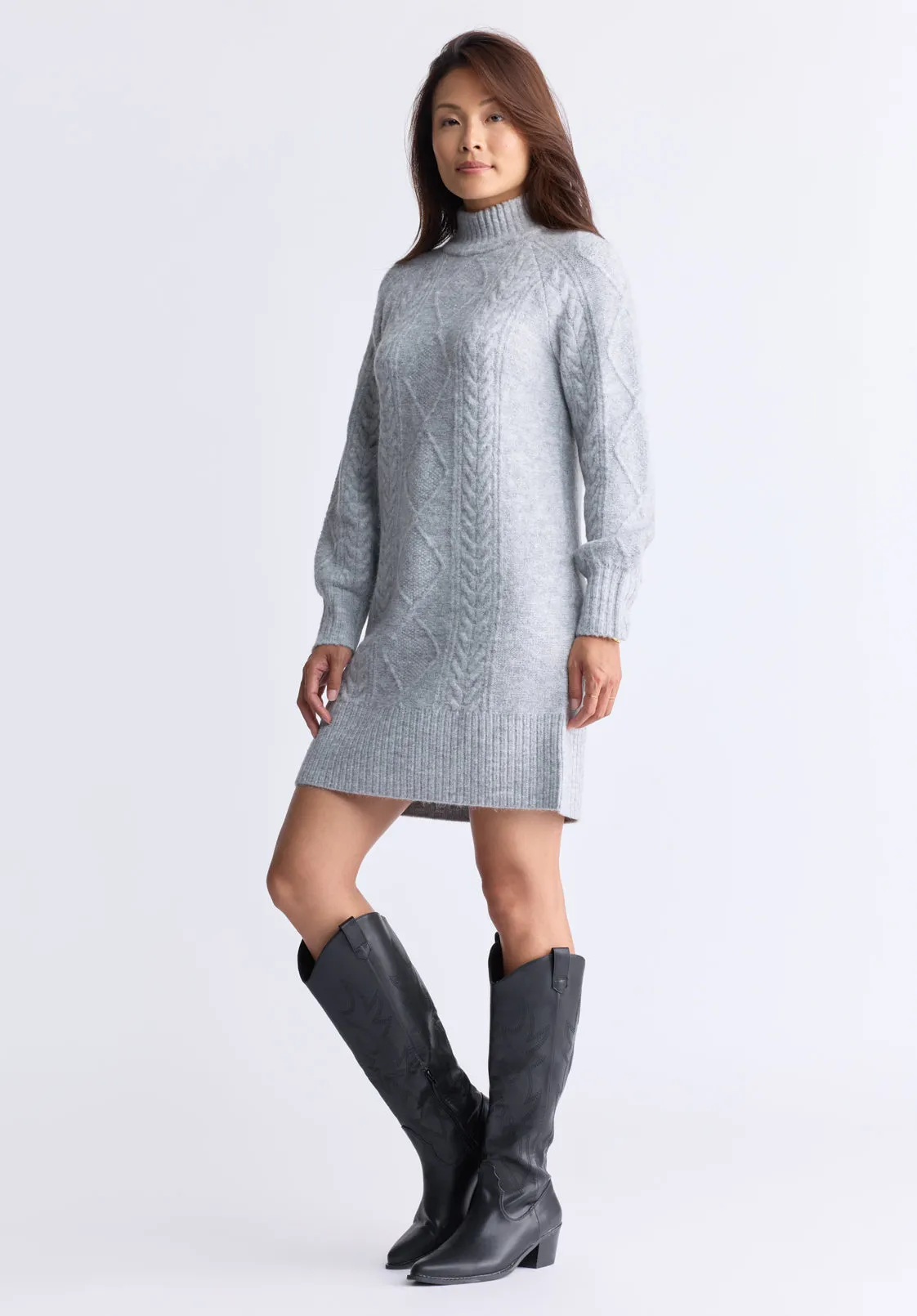 Levelle Women's Cable Knit Turtleneck Sweater Dress, Grey - SD0005H