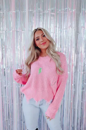 Lightning Bolt Patch Frayed V-Neck Sweater - Pink