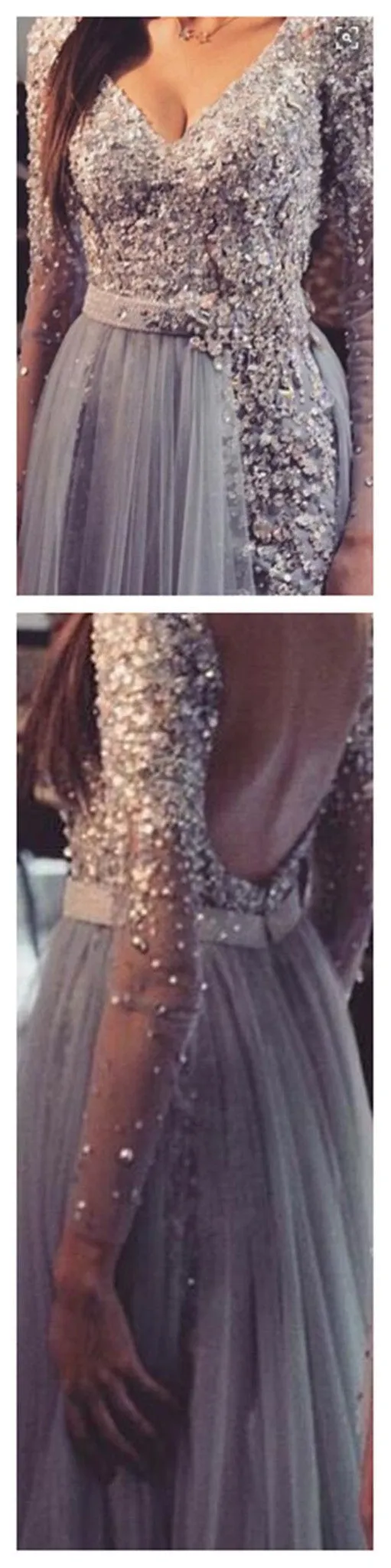 Long Sleeve Lace Backless V-Neck Long Prom Dresses, BG51135