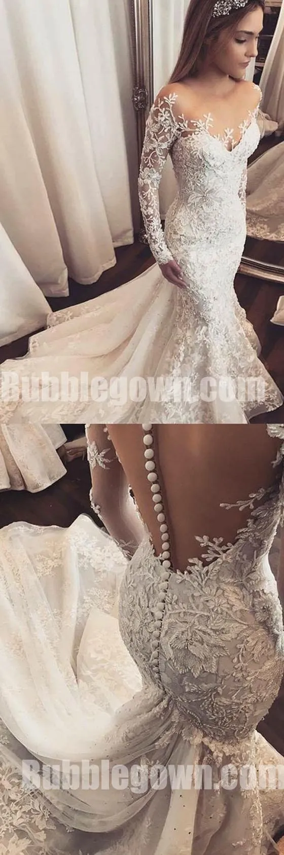 Long Sleeves Mermaid Seen Through Back Elegant Long Wedding Dresses, BGW006