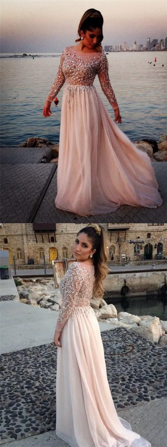 Long Sleeves See-through Cheap Evening Party Long Prom Dresses, BG51118