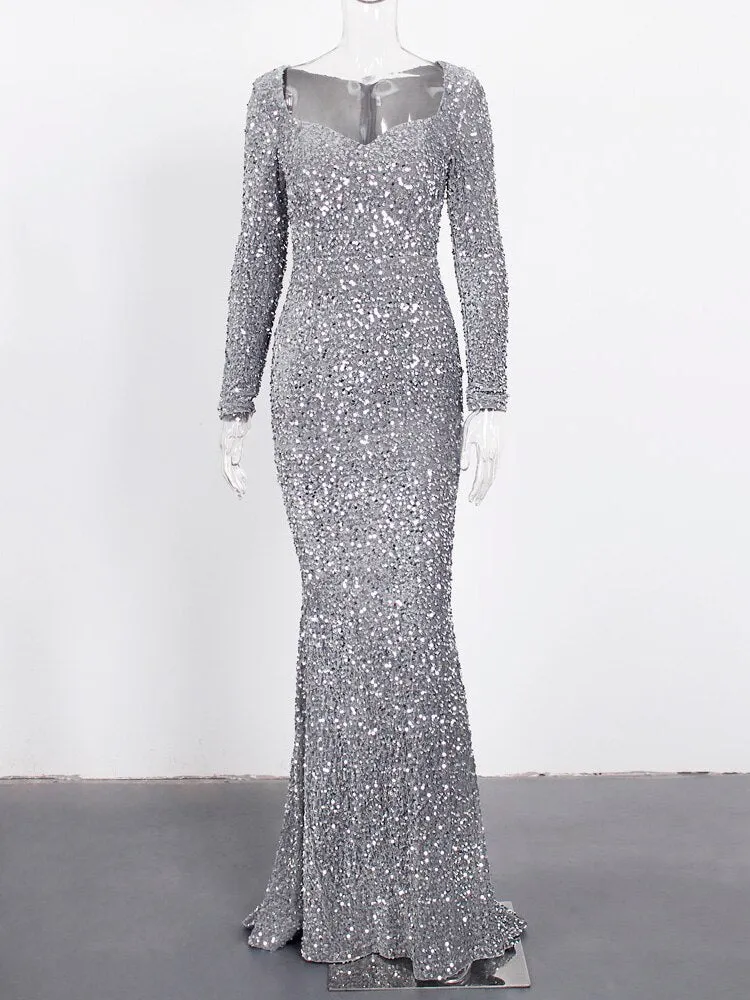 Luxury Black Long Sleeve Evening Gown