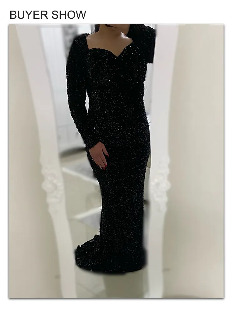 Luxury Black Long Sleeve Evening Gown