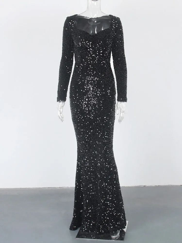 Luxury Black Long Sleeve Evening Gown