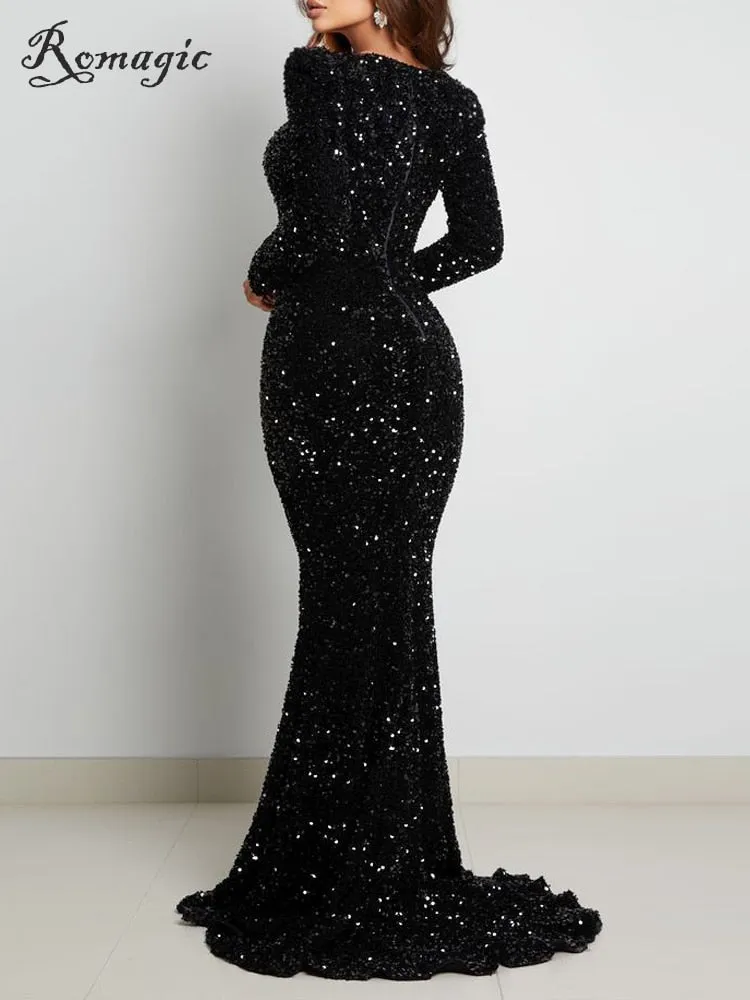 Luxury Black Long Sleeve Evening Gown