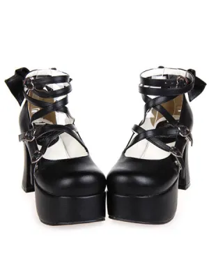 Matte Black Lolita Chunky Heels Platform Ankle Straps Bows Buckles