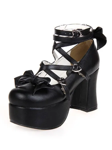 Matte Black Lolita Chunky Heels Platform Ankle Straps Bows Buckles