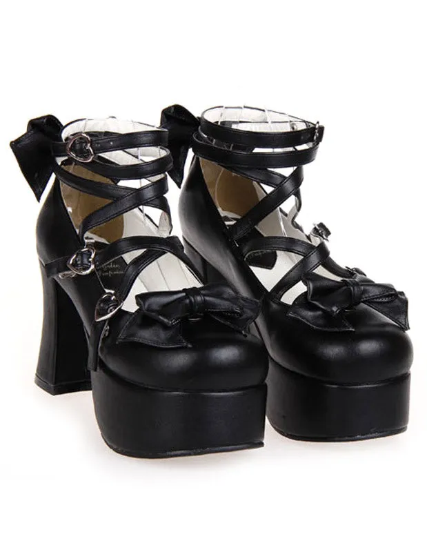 Matte Black Lolita Chunky Heels Platform Ankle Straps Bows Buckles