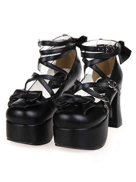 Matte Black Lolita Chunky Heels Platform Ankle Straps Bows Buckles