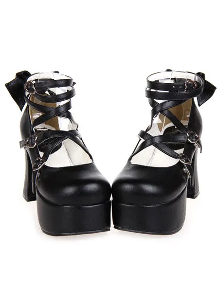 Matte Black Lolita Chunky Heels Platform Ankle Straps Bows Buckles