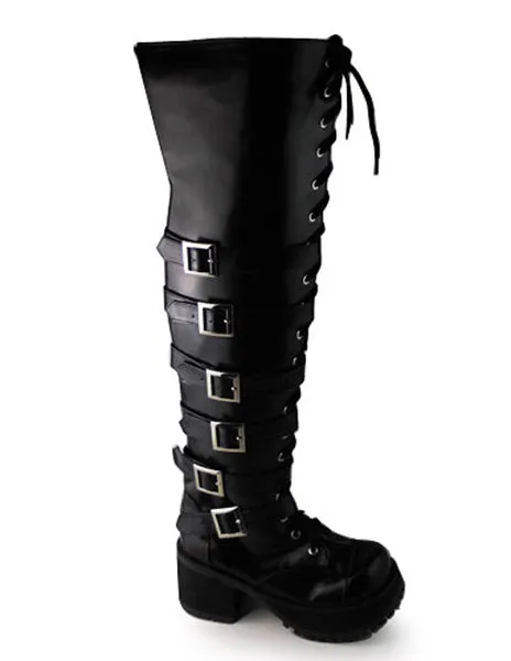 Matte Black Lolita Long Boots Square Heels