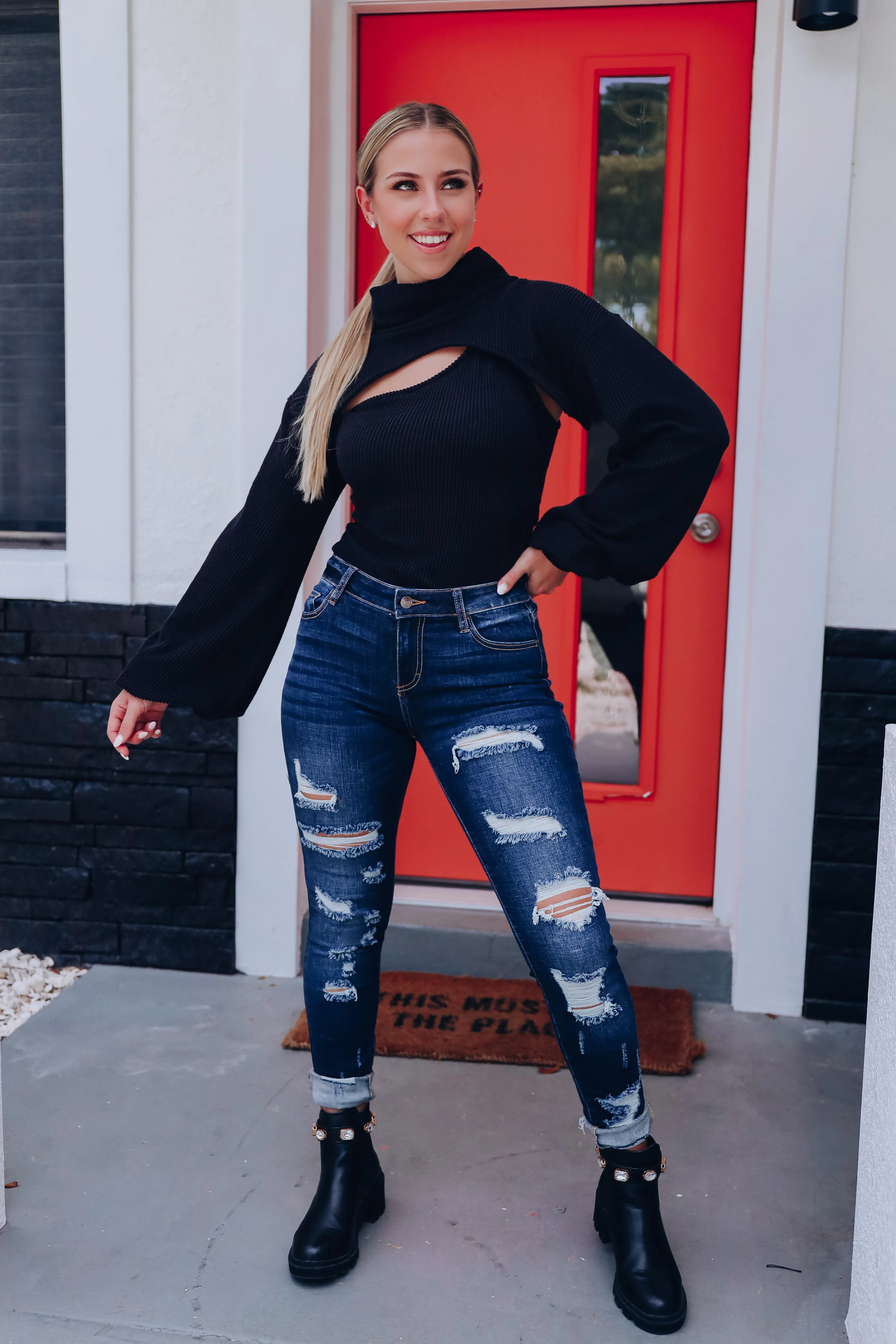 Melody Ribbed Knit Top/Bolero Set - Black