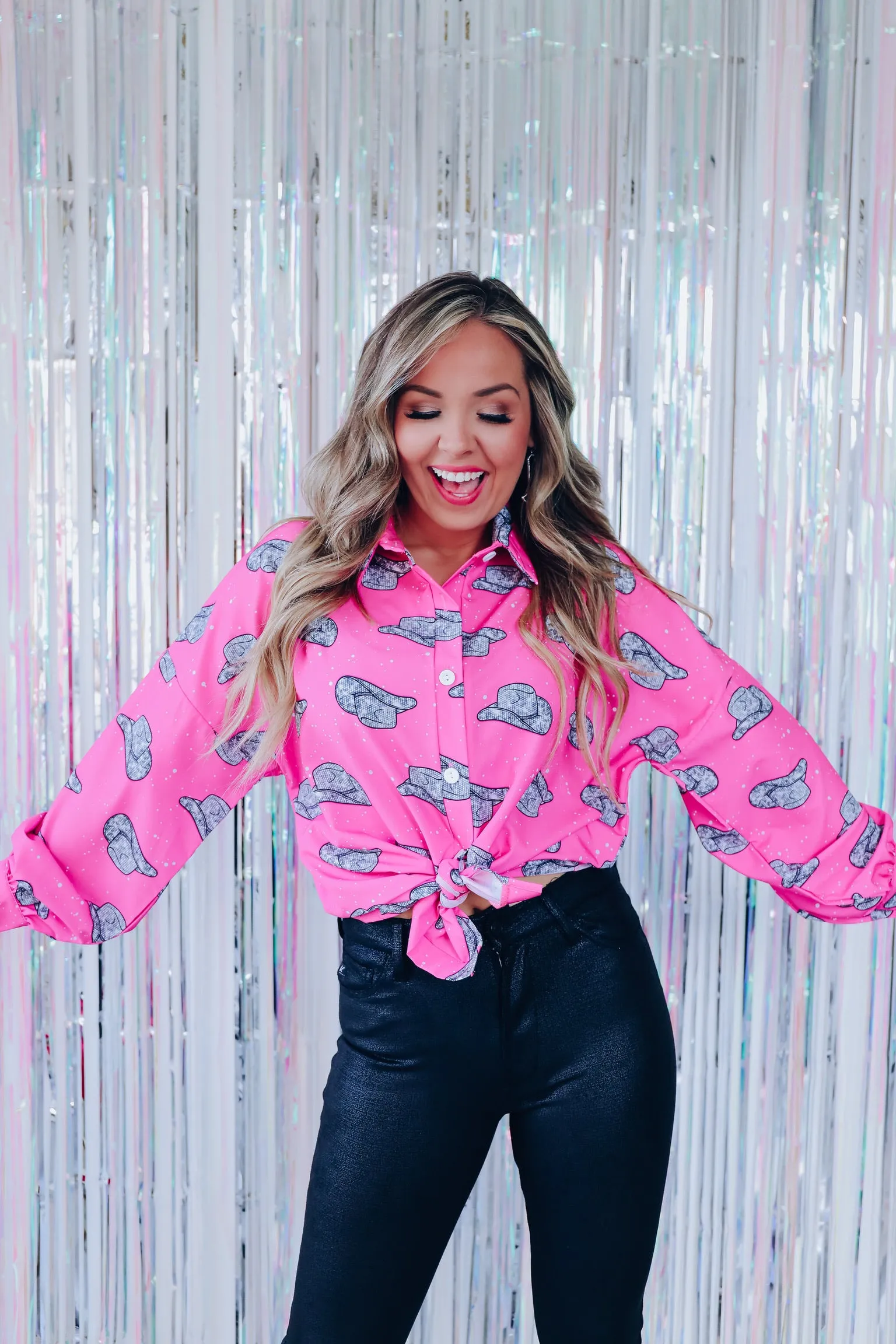 Memphis Disco Cowboy Hat Printed Blouse - Pink