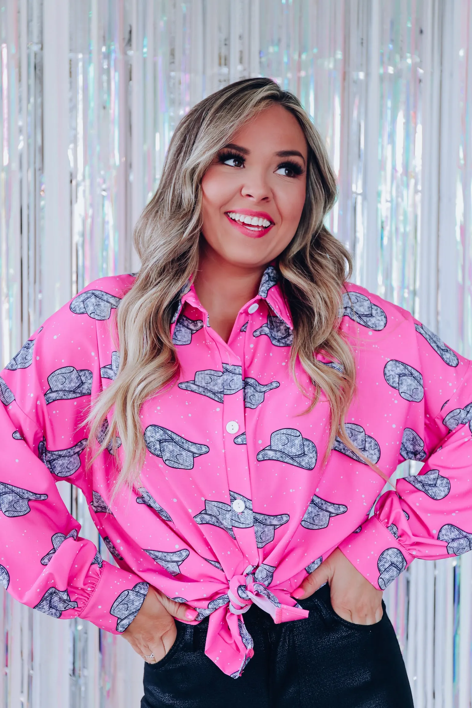 Memphis Disco Cowboy Hat Printed Blouse - Pink