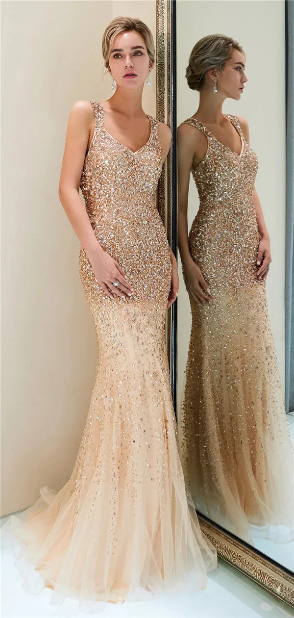 Mermaid Beading See-though Back Long Prom Dresses, PD0784