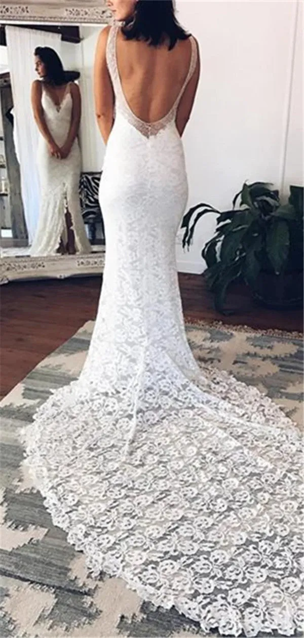 Mermaid Deep V-neck Fulle Lace Sexy Backless Wedding Dresses With Train, WD0477