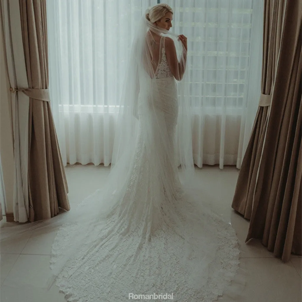 Mermaid Full Lace V-back Wedding Dresses With Train, WD0435