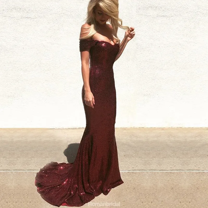 Mermaid Off-the-Shoulder Burgundy Sequins Long Prom Dresses, PD0580