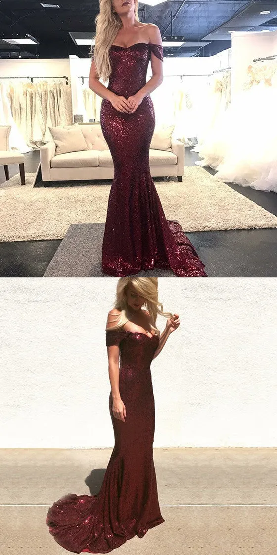 Mermaid Off-the-Shoulder Burgundy Sequins Long Prom Dresses, PD0580