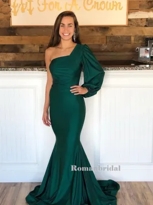Mermaid One-shoulder Long Puff Sleeves Green Prom Dresses, PD0821
