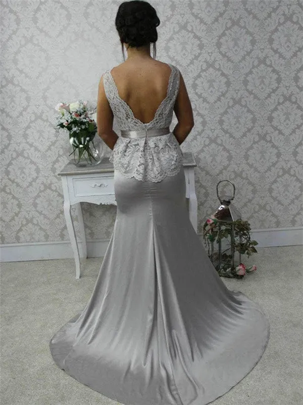 Mermaid Sliver V-back Lace Top See-though Bridesmaid Dresses, BD0590